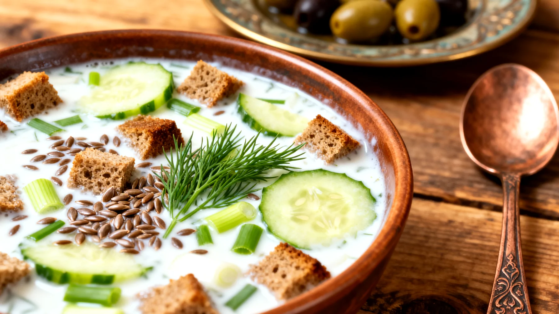 Kefirli Keten Tohumu ve Çavdar Ekmeği Çorbası (Okroshka Varyasyonu)"