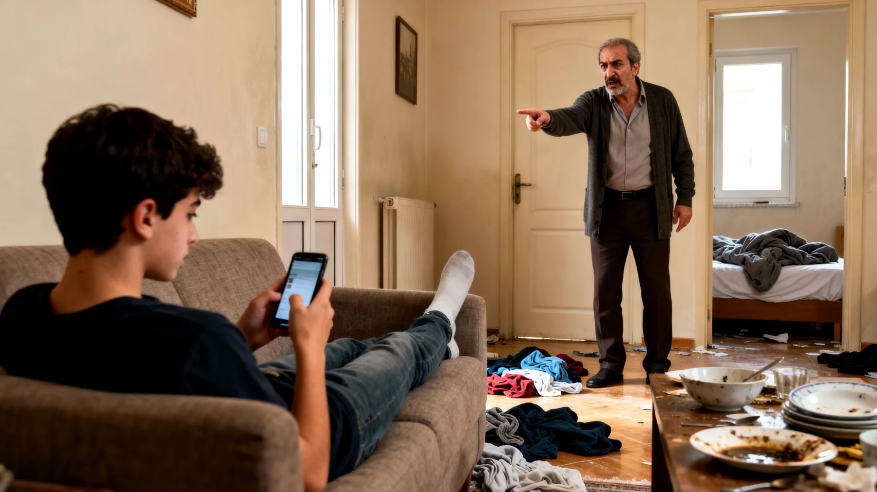 Ergen çocuk ev işlerinde yardım etmekten kaçınıyor, odası dağınık, yemek masasını toplamıyor ve günlük sorumluluklarını yerine getirmiyor. Baba hatırlatmaktan ve sürekli tekrar etmekten yoruldu."