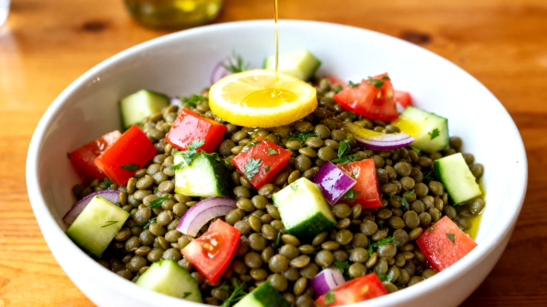 Mercimek salatası (yeşil mercimek, taze sebzeler, zeytinyağı ve limon sosu ile)"
