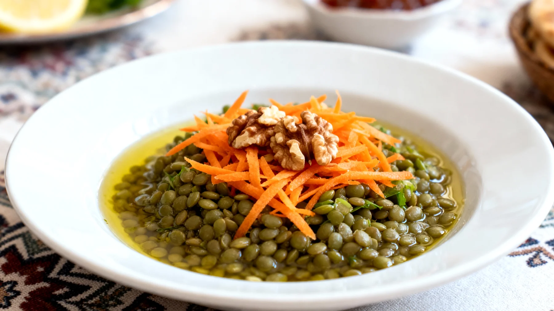 Mercimek ve havuç salatası (yeşil mercimek, çiğ havuç rendesi, ceviz, limon suyu ve zeytinyağı ile)"