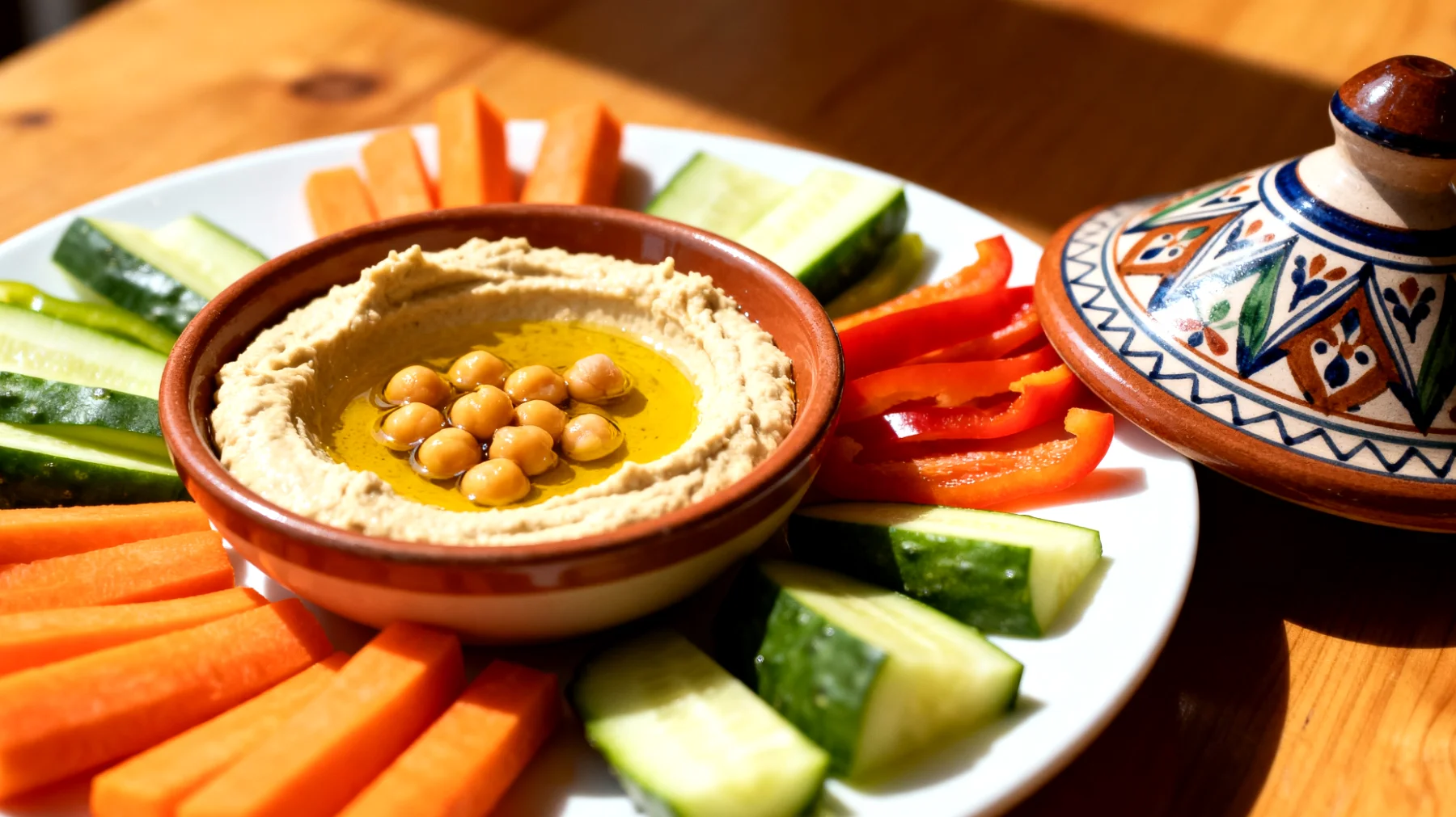 Nohut ve badem ezmesi (humus) çiğ sebzelerle"